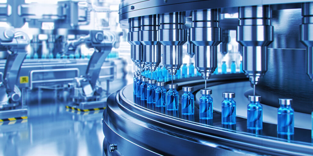Drug,Manufacturing,Process.,Conveyor,With,Medical,Ampoules,Line,At,A